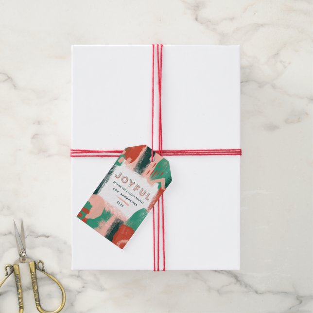 Modern abstrakt grafik röd, rosa + grönt glatt presentetikett (Med Snöre)