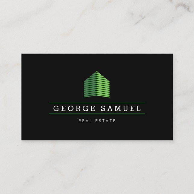 Modern Abstrakt Grön Hem Logo Realtor Svart Visitkort (Framsida)