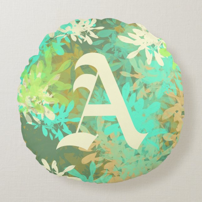 Modern Abstrakt, Grönt, Mönster-rundans hörn i Löv Rund Kudde (Framsidan)
