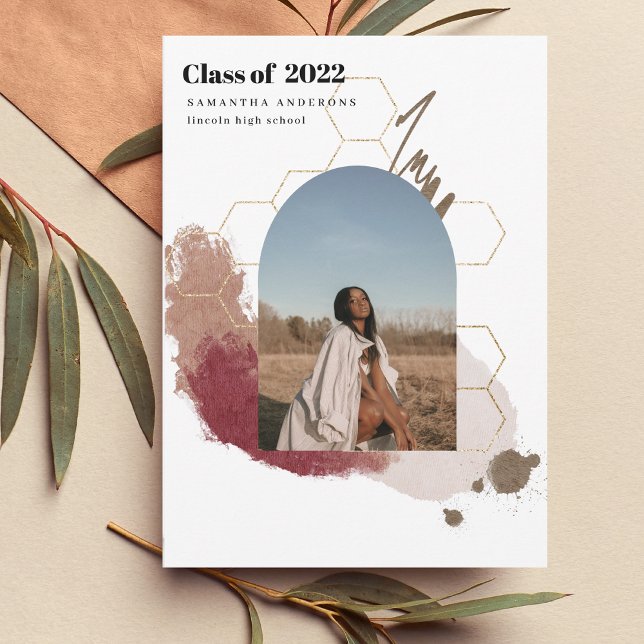 Modern Abstrakt Guld och Rosa Student Photo Invit Inbjudningar (Skapare uppladdad)