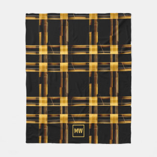 Modern abstrakt, guld och svart plaid monogram fleecefilt
