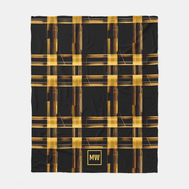 Modern abstrakt, guld och svart plaid monogram fleecefilt (Framsidan)
