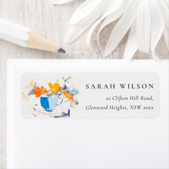 Modern Abstrakt Gult Blue Blommigt Tea Kopp Adress Returadress Etikett (Insitu)
