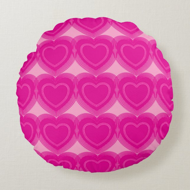 Modern Abstrakt Hearts - Fuchsia Rosa Rund Kudde (Framsidan)