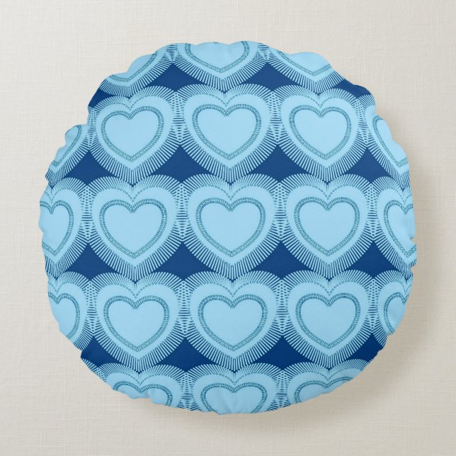 Modern Abstrakt Hearts - Himlar Blue and Cobalt Rund Kudde (Framsidan)