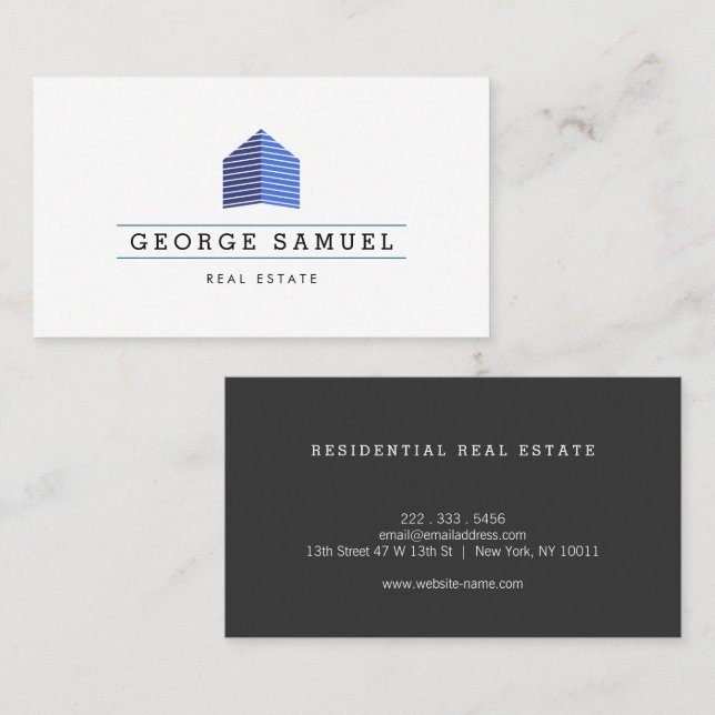 Modern Abstrakt Hem Logo Realtor Blå Monogram Visitkort (Fram/baksida)
