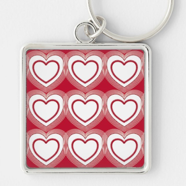 Modern Abstrakt Hjärtar - Red and White Keychain Fyrkantig Silverfärgad Nyckelring (Framsidan)
