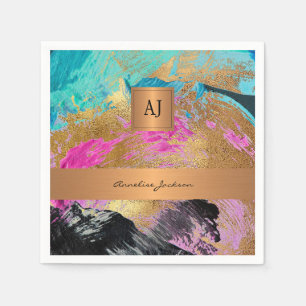 Modern abstrakt i monogram guld-elegant, färgstark pappersservett
