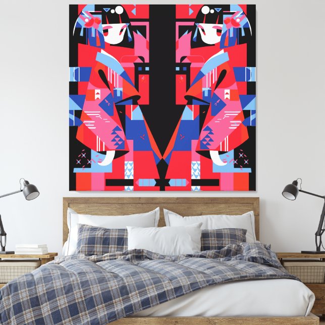 Modern abstrakt japansk flicka – geometrisk kimono canvastryck (Insitu (sovrum))