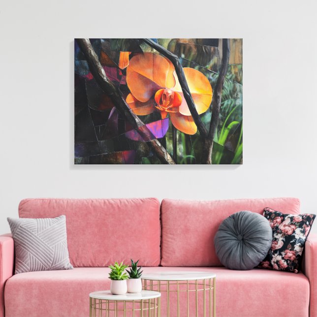 Modern Abstrakt Kubistisk Orkidé på Sträckt Canvas (Insitu (Vardagsrum))