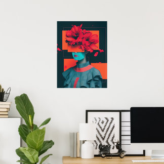 Modern abstrakt kvinna porträtt med blommor poster