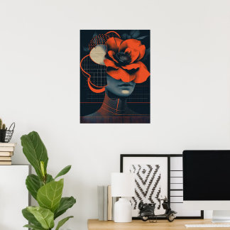 Modern abstrakt kvinna porträtt med blommor poster
