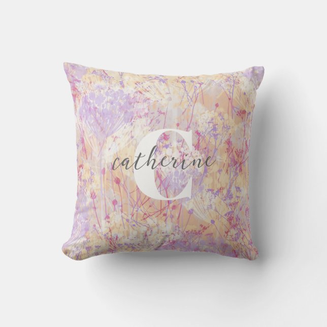 Modern Abstrakt Lavender Flowers Namn Monogram Kudde (Framsida)
