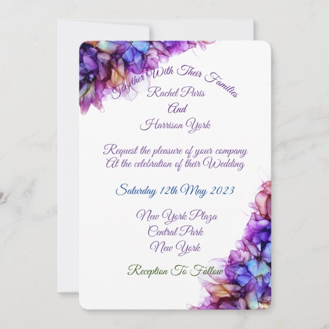 Modern Abstrakt Lila Dimma Alcohol Bläck Bröllop Inbjudningar (Framsida)