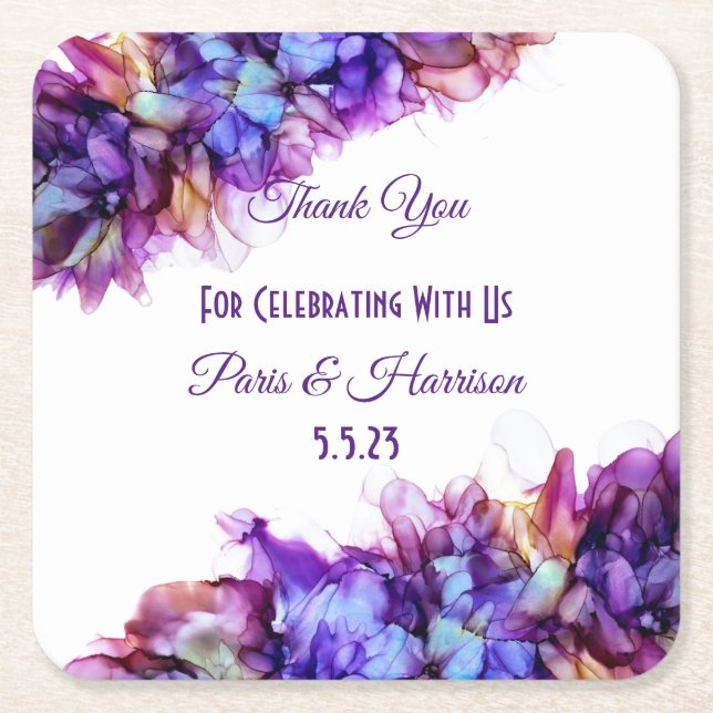 Modern Abstrakt Lila Dimma Alcohol Bläck Bröllop Underlägg Papper Kvadrat (Framsidan)