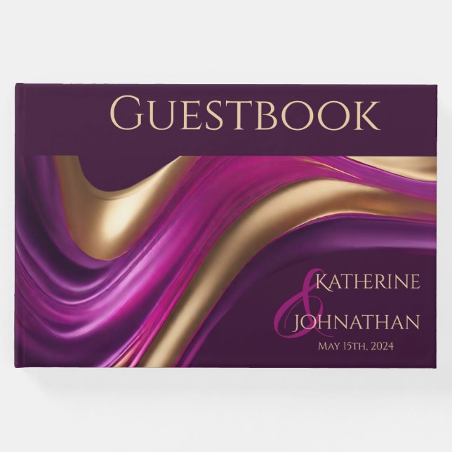 Modern Abstrakt Lila Fuchsia och Guld-Bröllop- Gästböcker (Framsida)