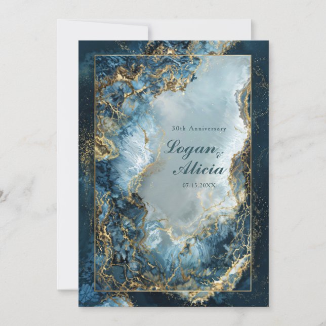 Modern Abstrakt Marin Indigo Förgylld Marmor Bröll Inbjudningar (Framsida)