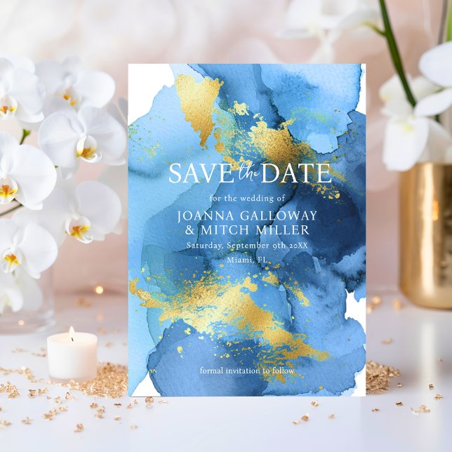 Modern Abstrakt, marinblå Guld-vattenfärgen Bröllo Spara Datumet (Modern Abstract Navy Blue Gold Watercolor Wedding Save The Date)