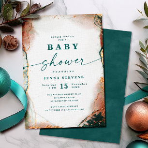 Modern Abstrakt Mörk Teal & Copper Baby Shower Inbjudningar