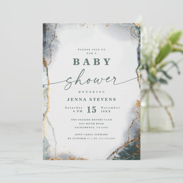 Modern Abstrakt Navy Grönt & Guld Baby Shower Inbjudningar (Stående Fram)