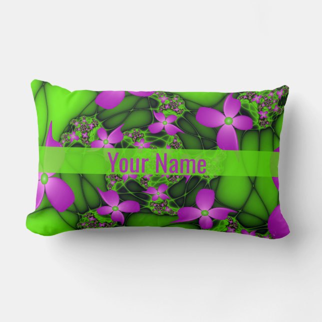 Modern Abstrakt Neon Rosa Gröna Blommor Namn Lumbarkudde (Framsida)