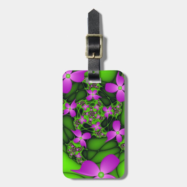 Modern Abstrakt Neon Rosa Grönt Fractal Flowers Bagagebricka (Vertikal Framsida)