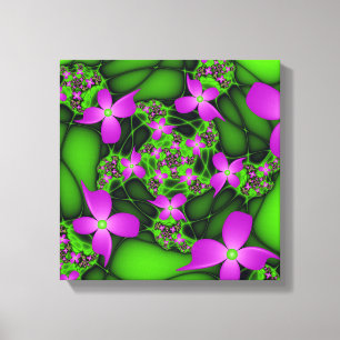 Modern Abstrakt Neon Rosa Grönt Fractal Flowers Canvastryck