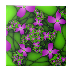 Modern Abstrakt Neon Rosa Grönt Fractal Flowers Kakelplatta