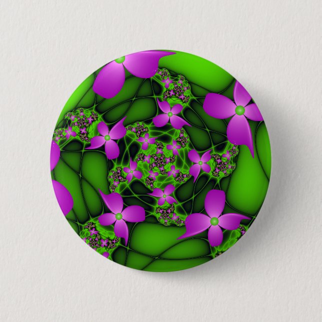 Modern Abstrakt Neon Rosa Grönt Fractal Flowers Knapp (Framsida)