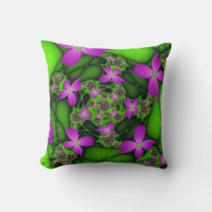 Modern Abstrakt Neon Rosa Grönt Fractal Flowers Kudde