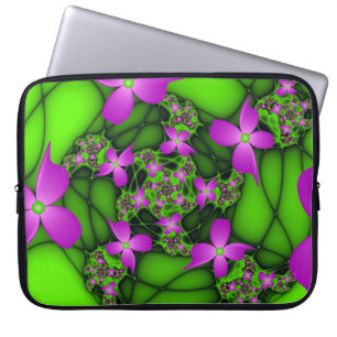 Modern Abstrakt Neon Rosa Grönt Fractal Flowers Laptop Fodral