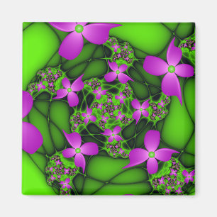 Modern Abstrakt Neon Rosa Grönt Fractal Flowers Magnet