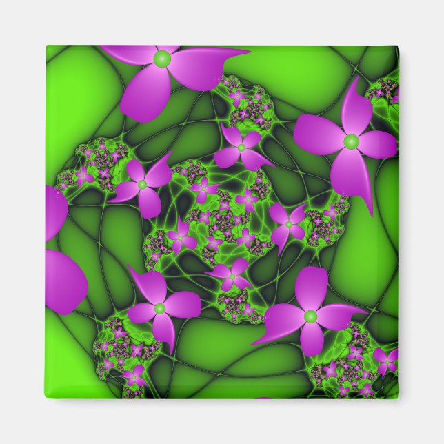 Modern Abstrakt Neon Rosa Grönt Fractal Flowers Magnet (Framsidan)