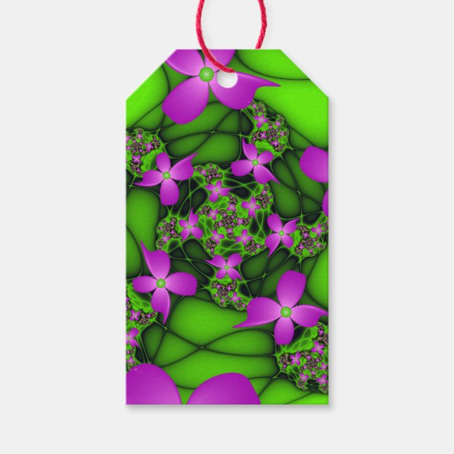 Modern Abstrakt Neon Rosa Grönt Fractal Flowers Presentetikett (Framsidan)