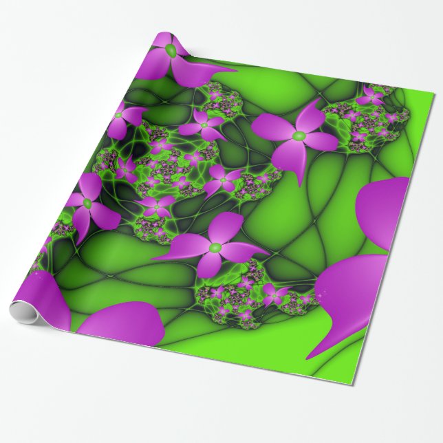 Modern Abstrakt Neon Rosa Grönt Fractal Flowers Presentpapper (Utrullad)