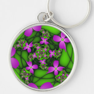 Modern Abstrakt Neon Rosa Grönt Fractal Flowers Rund Silverfärgad Nyckelring