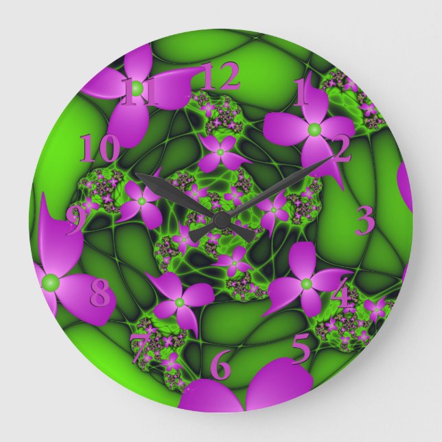 Modern Abstrakt Neon Rosa Grönt Fractal Flowers Stor Klocka (Framsida)