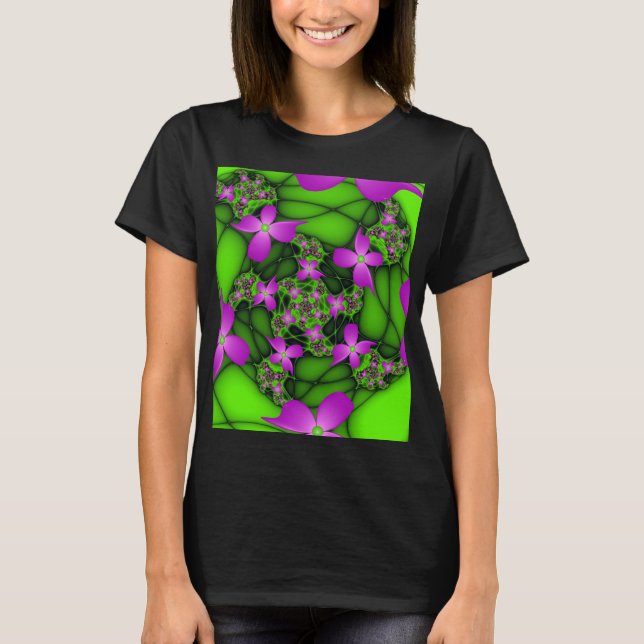 Modern Abstrakt Neon Rosa Grönt Fractal Flowers Tee (Framsida)