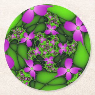 Modern Abstrakt Neon Rosa Grönt Fractal Flowers Underlägg Papper Rund