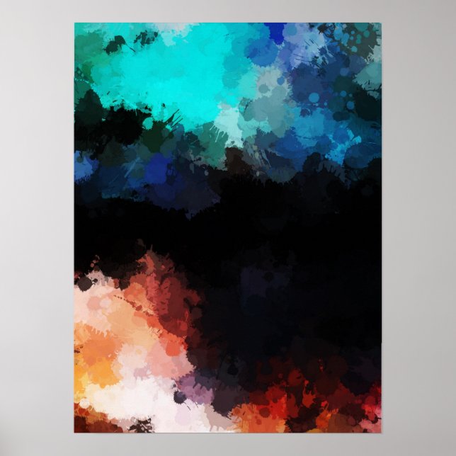 Modern Abstrakt Paint Splattors Black Orange Blue Poster (Framsidan)