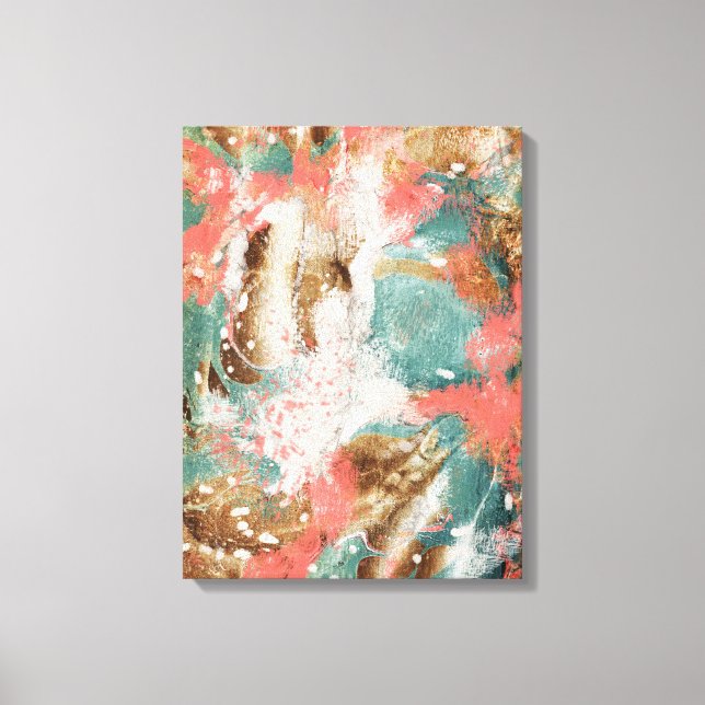 Modern Abstrakt Painting Coral Teal Guld White Art Canvastryck (Framsida)