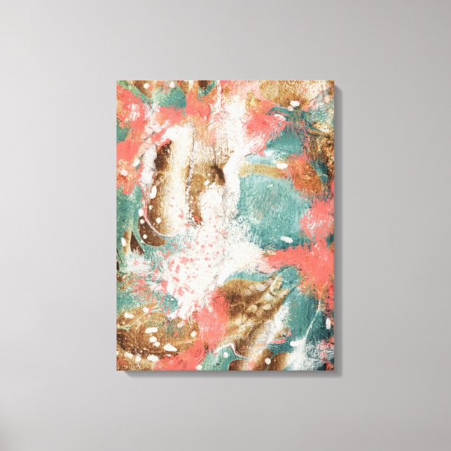 Modern Abstrakt Painting Coral Teal Guld White Canvastryck (Framsida)
