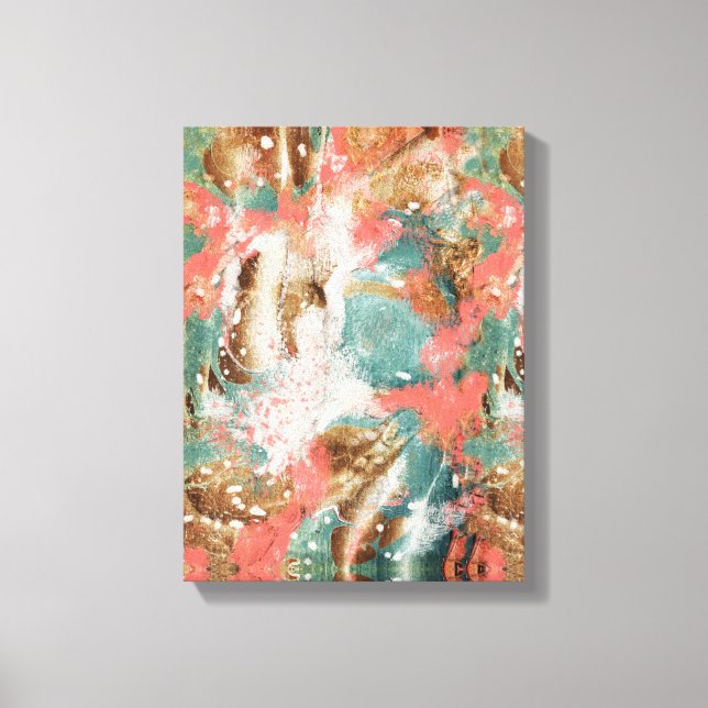 Modern Abstrakt Painting Coral Teal Guld White Canvastryck (Framsida)