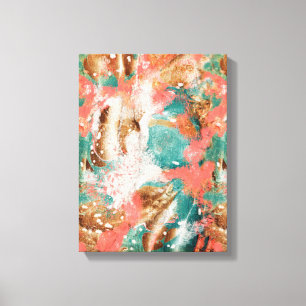 Modern Abstrakt Painting Coral Teal Guld White Canvastryck