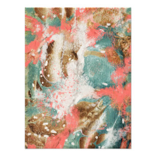 Modern Abstrakt Painting Coral Teal Guld White Fototryck