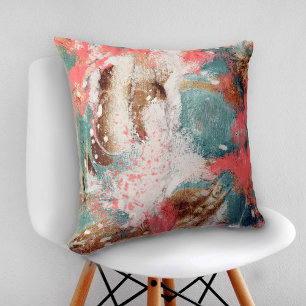 Modern Abstrakt Painting Coral Teal Guld White Kudde