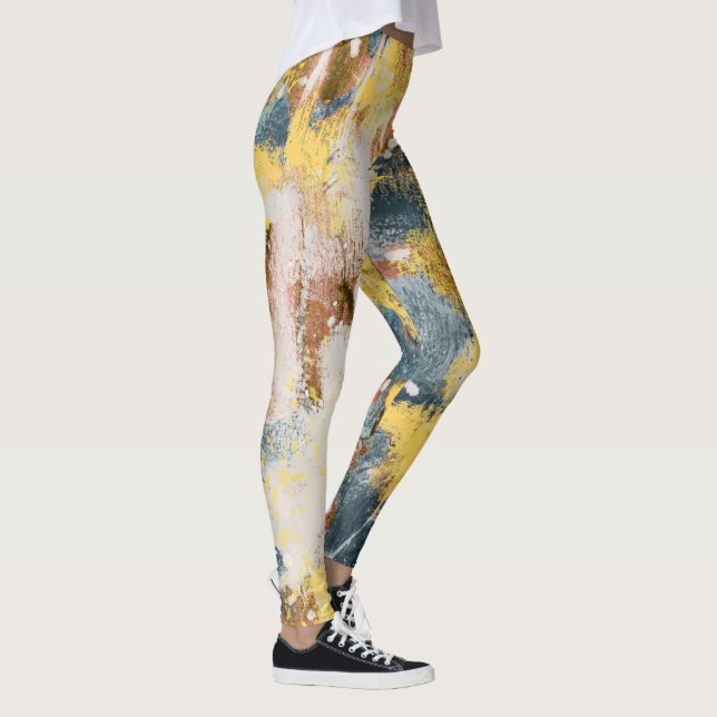 Modern Abstrakt Painting Gult Teal Guld White Leggings (Höger)