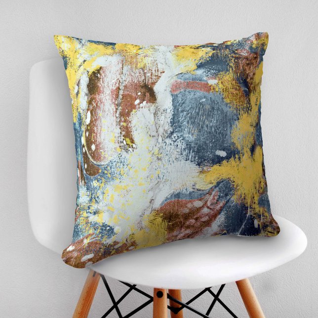 Modern Abstrakt Painting Mustard Teal Guld White Kudde (Skapare uppladdad)
