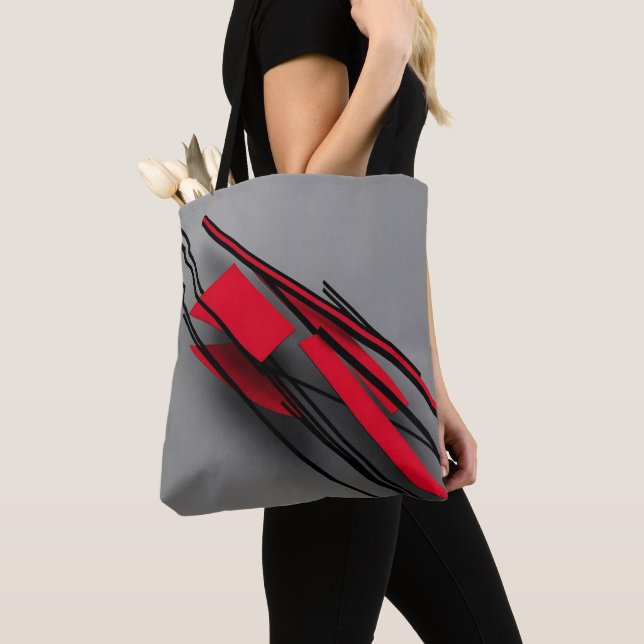 Modern Abstrakt Red and Black Geometric Tote Bag Tygkasse (Närbild)