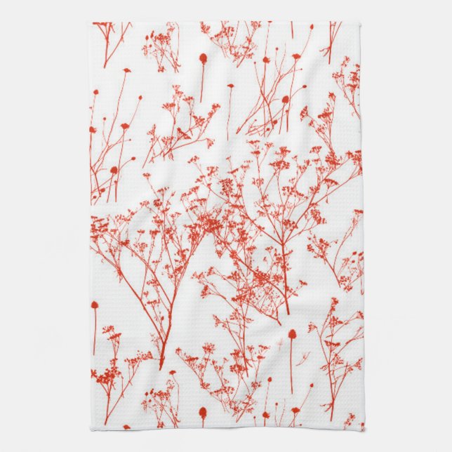Modern Abstrakt Red Toile Wildblommor på White Kökshandduk (Vertikal)
